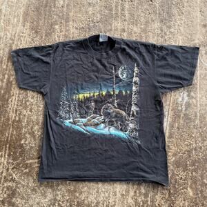VINTAGE 90S WOLVES NATURE TEE SHIRT MENS XL BLACK 90S FADED